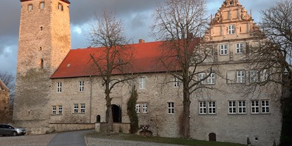 Ausflug mit Kindern - Ausflugsziel ist: ein sehenswerter Ort - Westansicht der Burg mit Bergfied , Torhaus, und Palas mit Schmuckgiebel im Stil der Weserrenaissance. - Wasserburg Egeln
