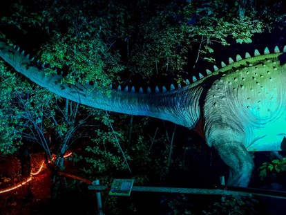 Ausflug mit Kindern - Ausflugsziel ist: ein Freizeitpark - Nach der Dämmerung beleuchtet - Dino Tattendorf