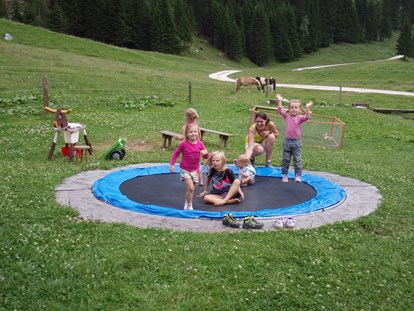 Ausflug mit Kindern - Ausflugsziel ist: ein Spielplatz - Auch die Kleinsten tummeln sich auf dem versenkten Trampolin. Die Kälbchen schauen zu. - Palfner Alm Rauris