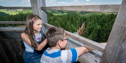 Ausflug mit Kindern - Oberösterreich - Kinder genießen die Sicht vom 40m Turm  - Baumkronenweg Kopfing