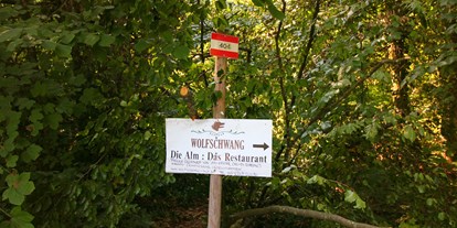 Ausflug mit Kindern - Flachgau - Wegweiser hinein in die Forststraße, direkt beim Parkplatz - Wanderung zur Wolfschwangalm